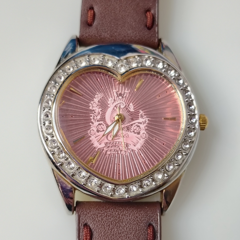 Candie's Pink Heart Watch with Rhinestones and Brown Strap